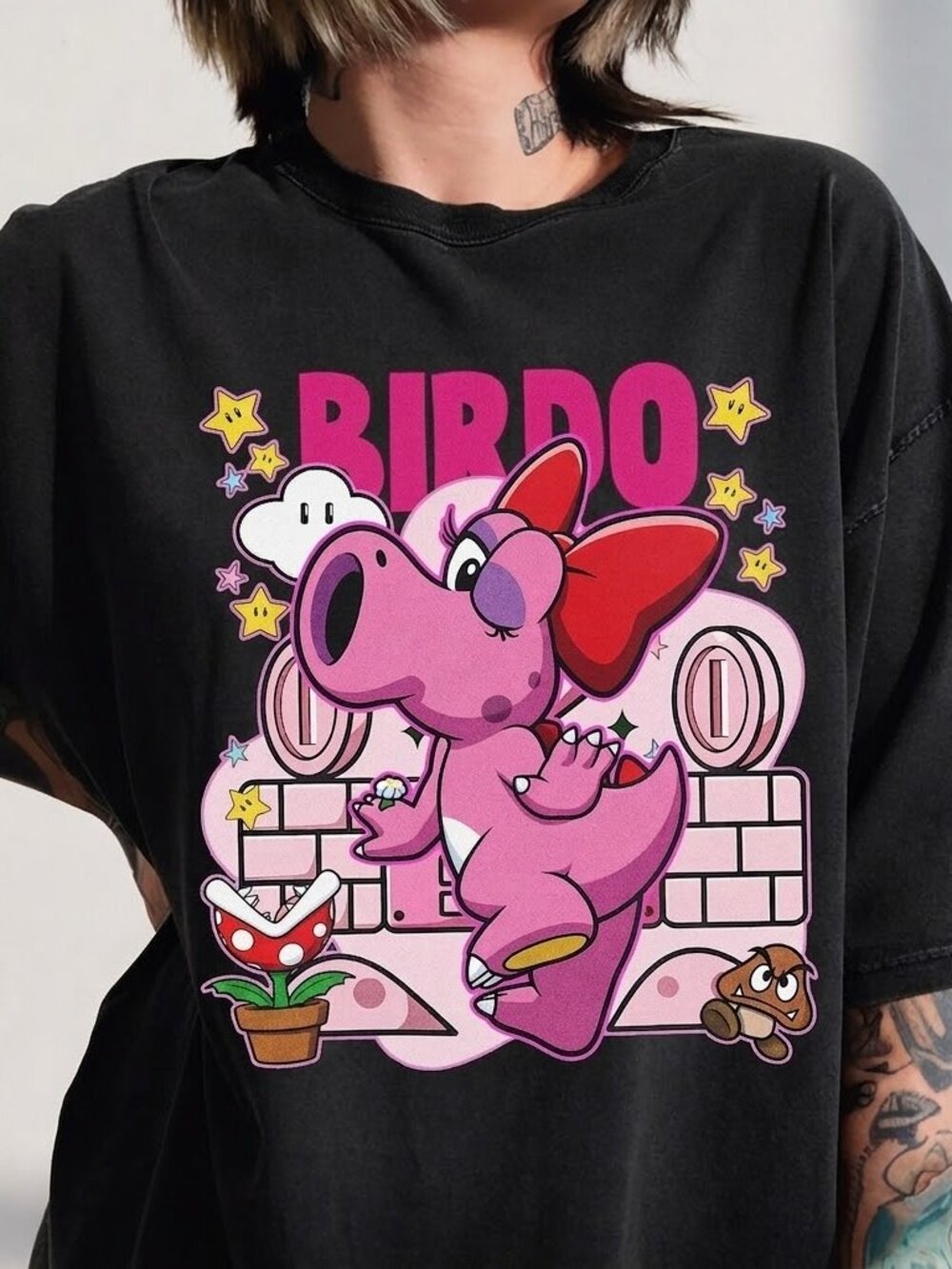Birdo Y2K Pink Dinosaur Graphic Tee, Retro Gamer Shirt